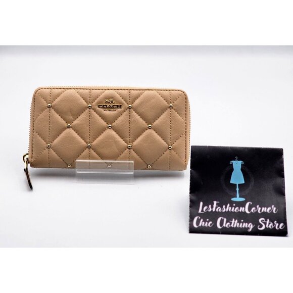 Coach Women's Tan Leather Accordion Zip Wallet Studded Diamond Quilting 354 - Picture 1 of 14